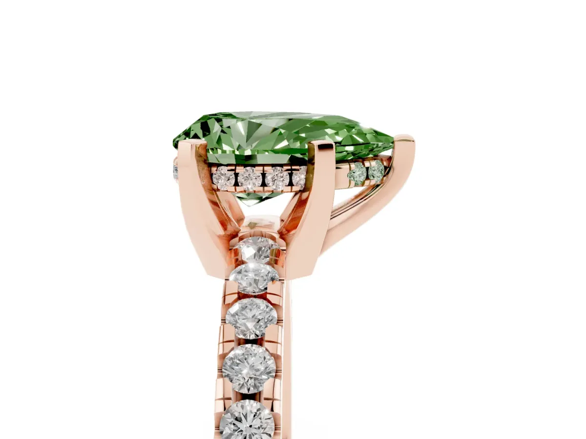 Fancy Green Pear Cut Diamond Solitaire Ring with Round Pavé Band and Four-Prong Setting Rose gold