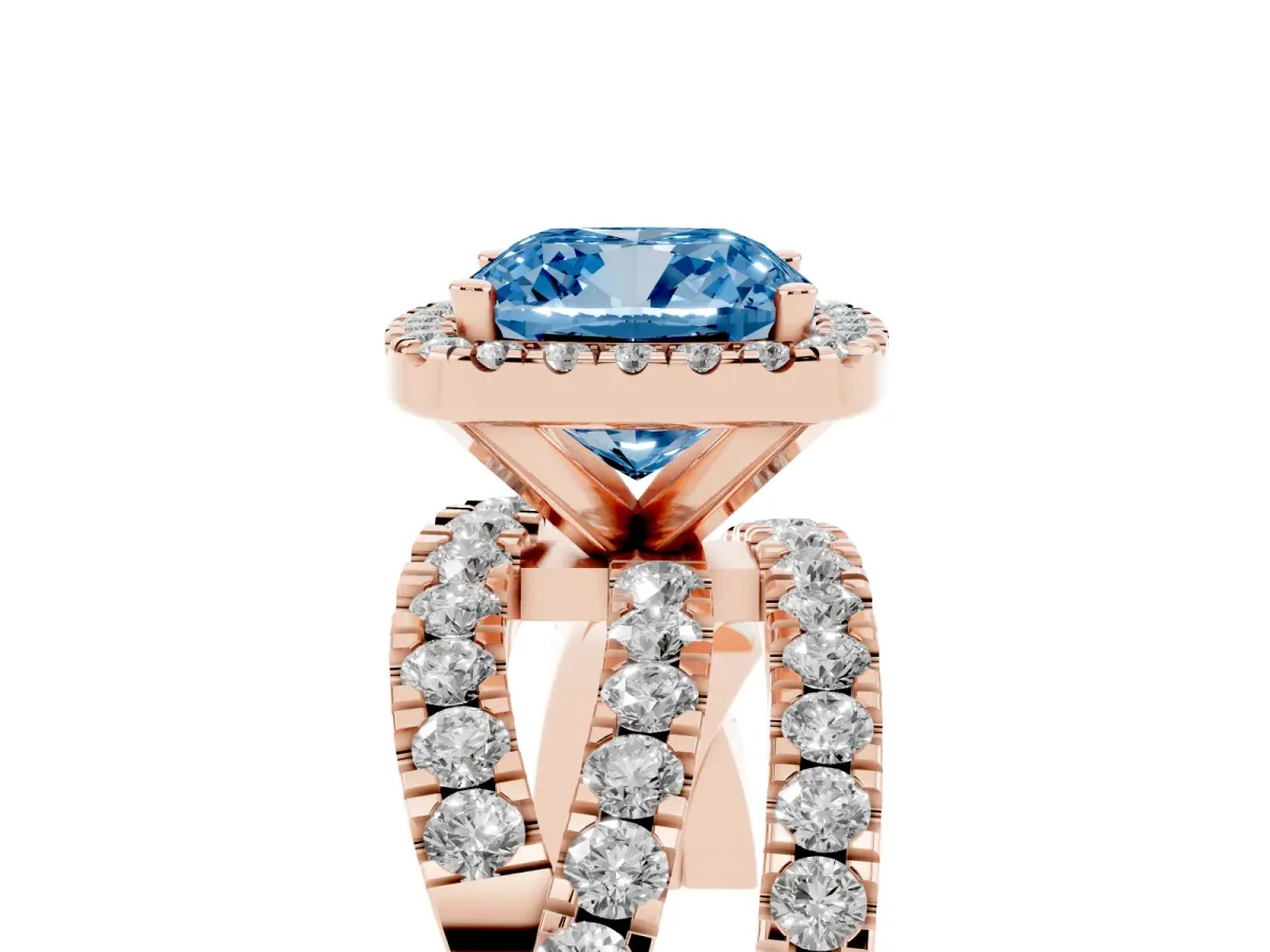 Fancy Blue Cushion Cut Diamond Halo Ring with Round Split Shank and Prong Setting Rose gold