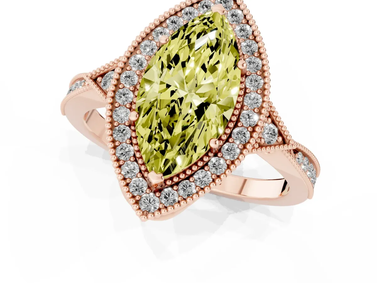 Fancy Yellow Marquise Cut Halo Round Diamond Milgrain Pave Engagement Ring Rose gold