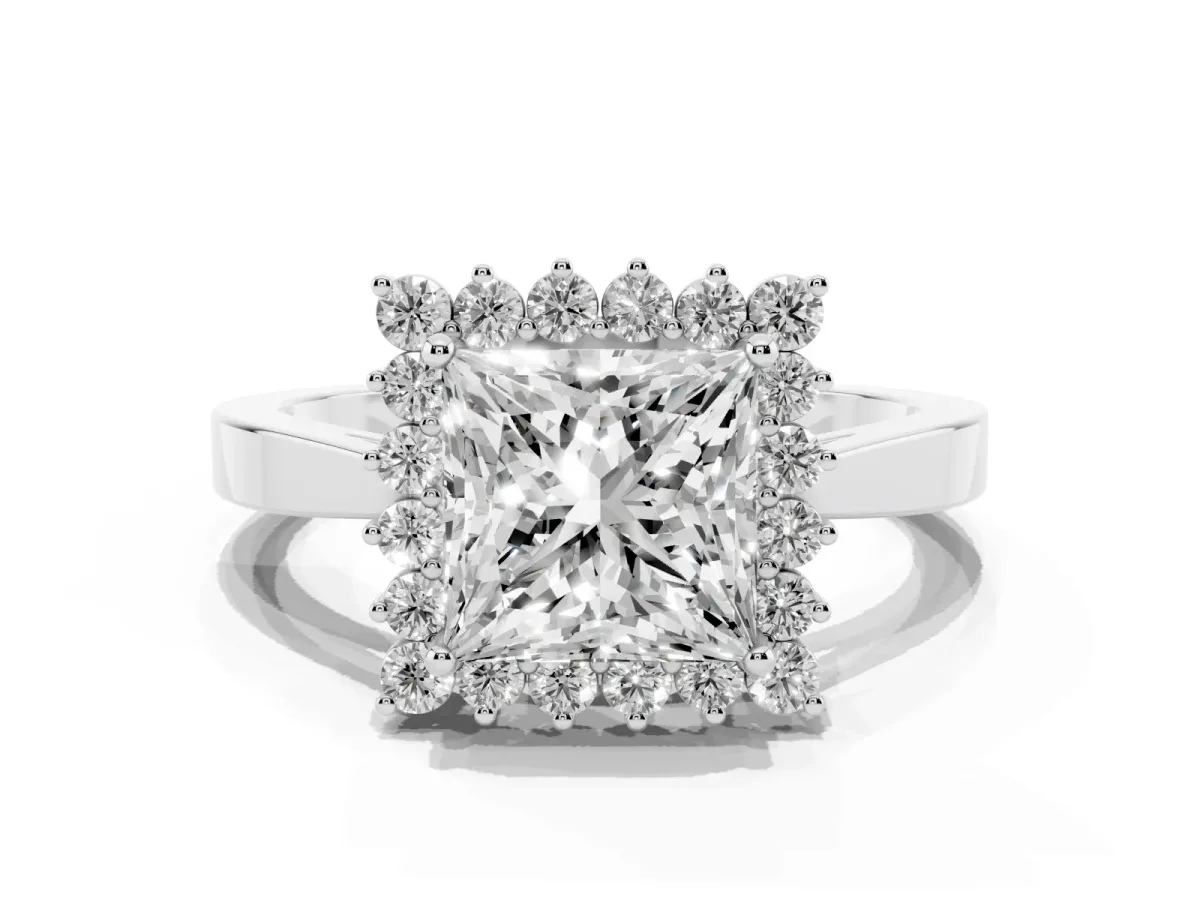 Princess Cut Cut Diamond Halo Ring with Round Brilliant Halo and Solitaire Band Platinum