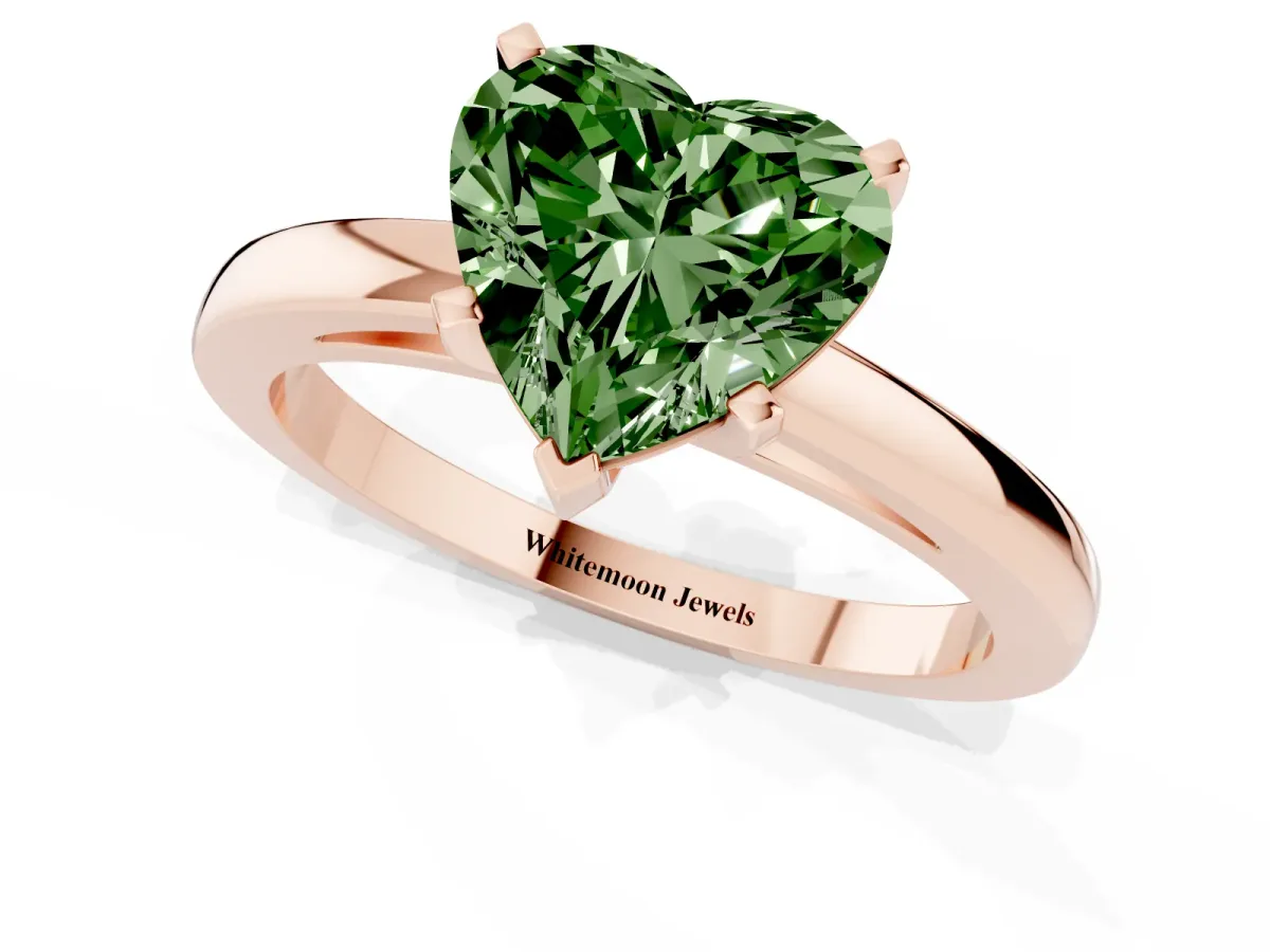 Fancy Green Heart Cut Solitaire Diamond Engagement Ring with Four-Prong Setting on a Classic Band Rose gold