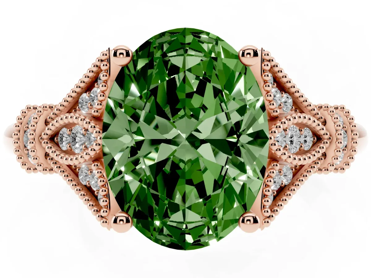 Fancy Green Oval Cut Diamond Solitaire Ring with Floral Filigree and Pave Accents Rose gold