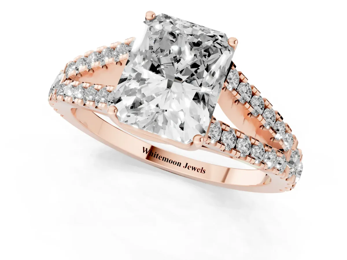 Radiant Cut Diamond Split Shank Engagement Ring with Round Pavé and Prong Setting Rose gold