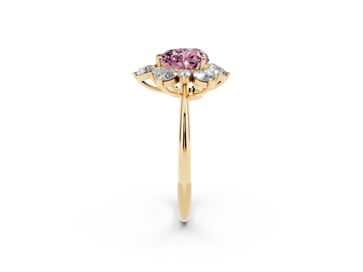 Fancy Pink Heart Cut Diamond Cluster Halo Ring with Solitaire Band and Four-Prong Setting Yellow gold