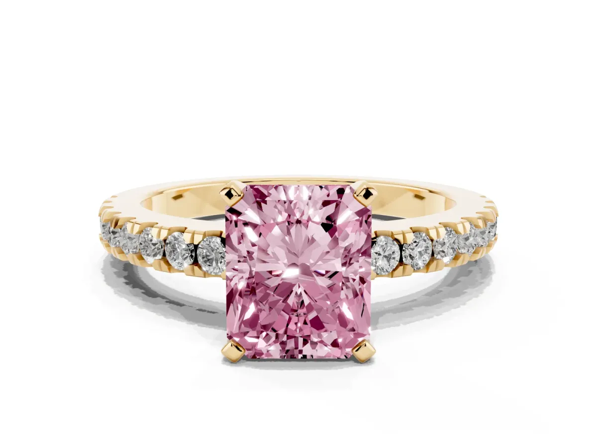 Fancy Pink Radiant Cut Solitaire Diamond with Pavé Band and Four-Prong Setting Yellow gold