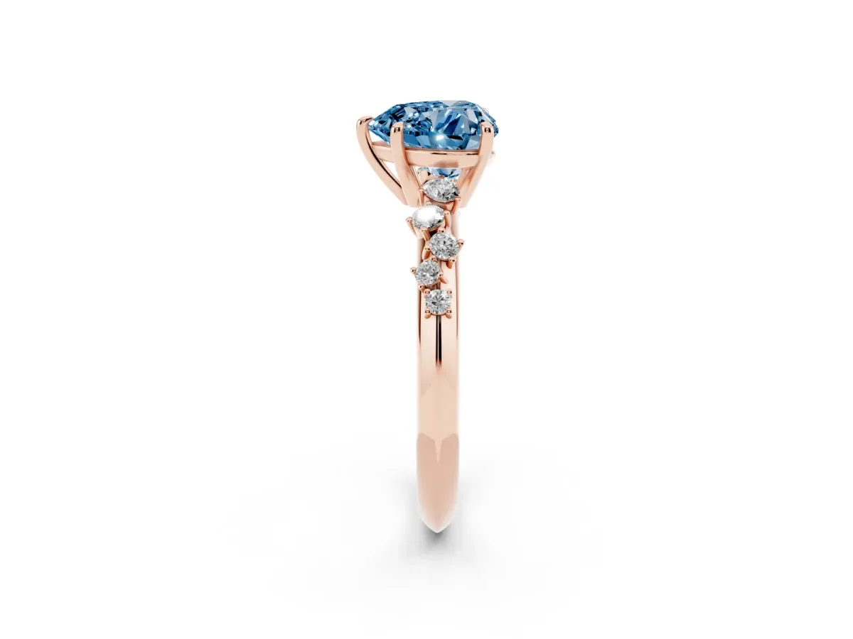 Fancy Blue Heart Cut Diamond Cluster Side Stone Solitaire Ring with Prong Setting Rose gold