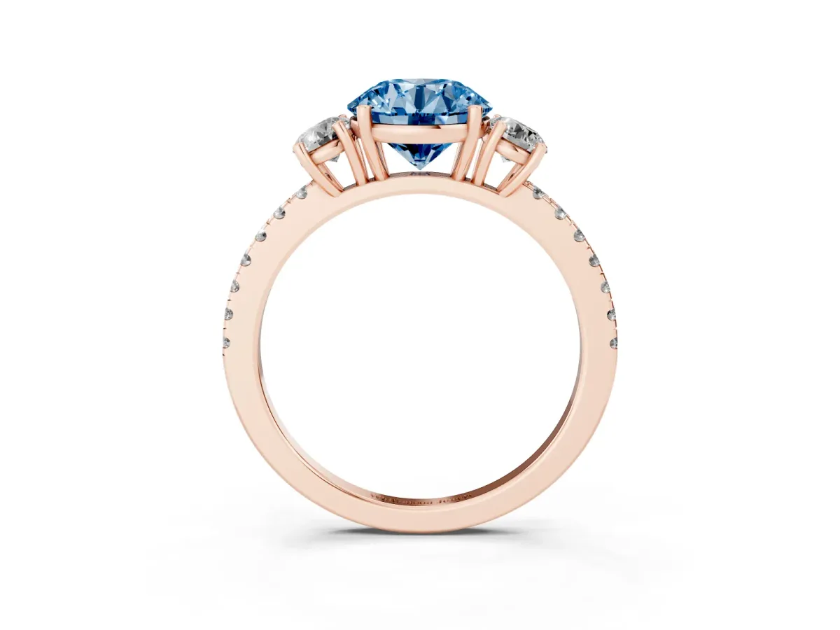 Fancy Blue Three-Stone Round Cut Cut Diamond Pavé Band with Prong Setting Rose gold