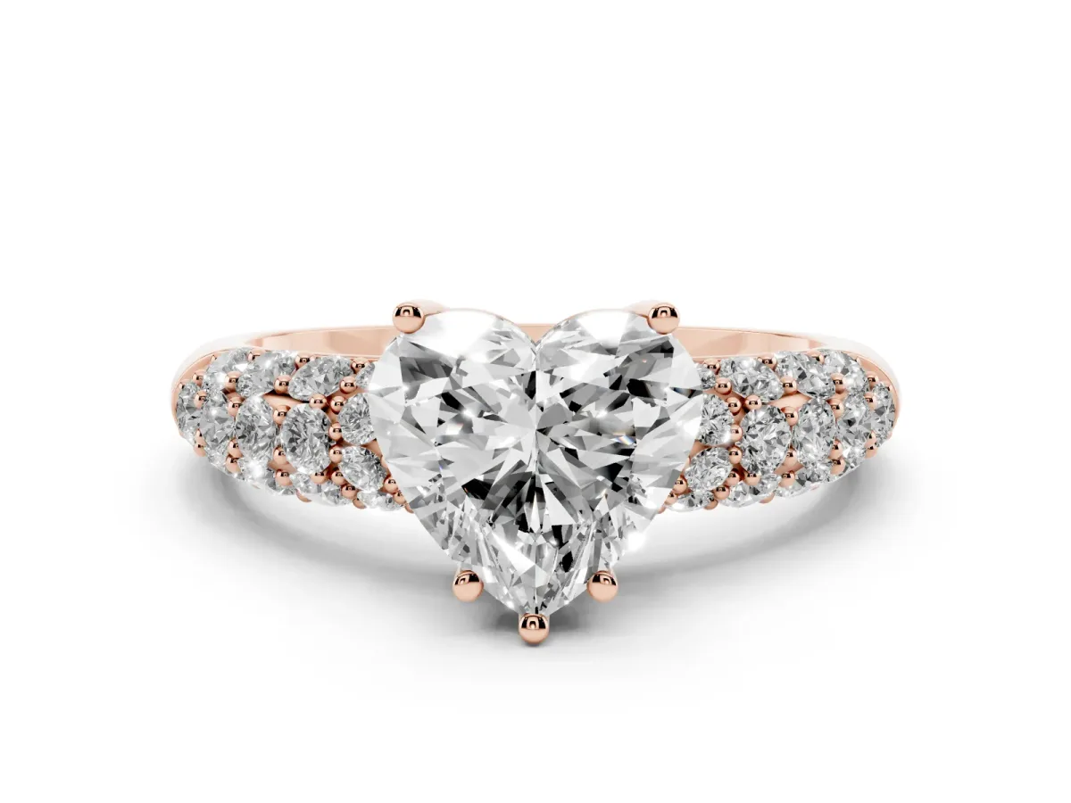 Heart Cut Diamond Pavé Band Solitaire Ring with Four-Prong Setting Rose gold