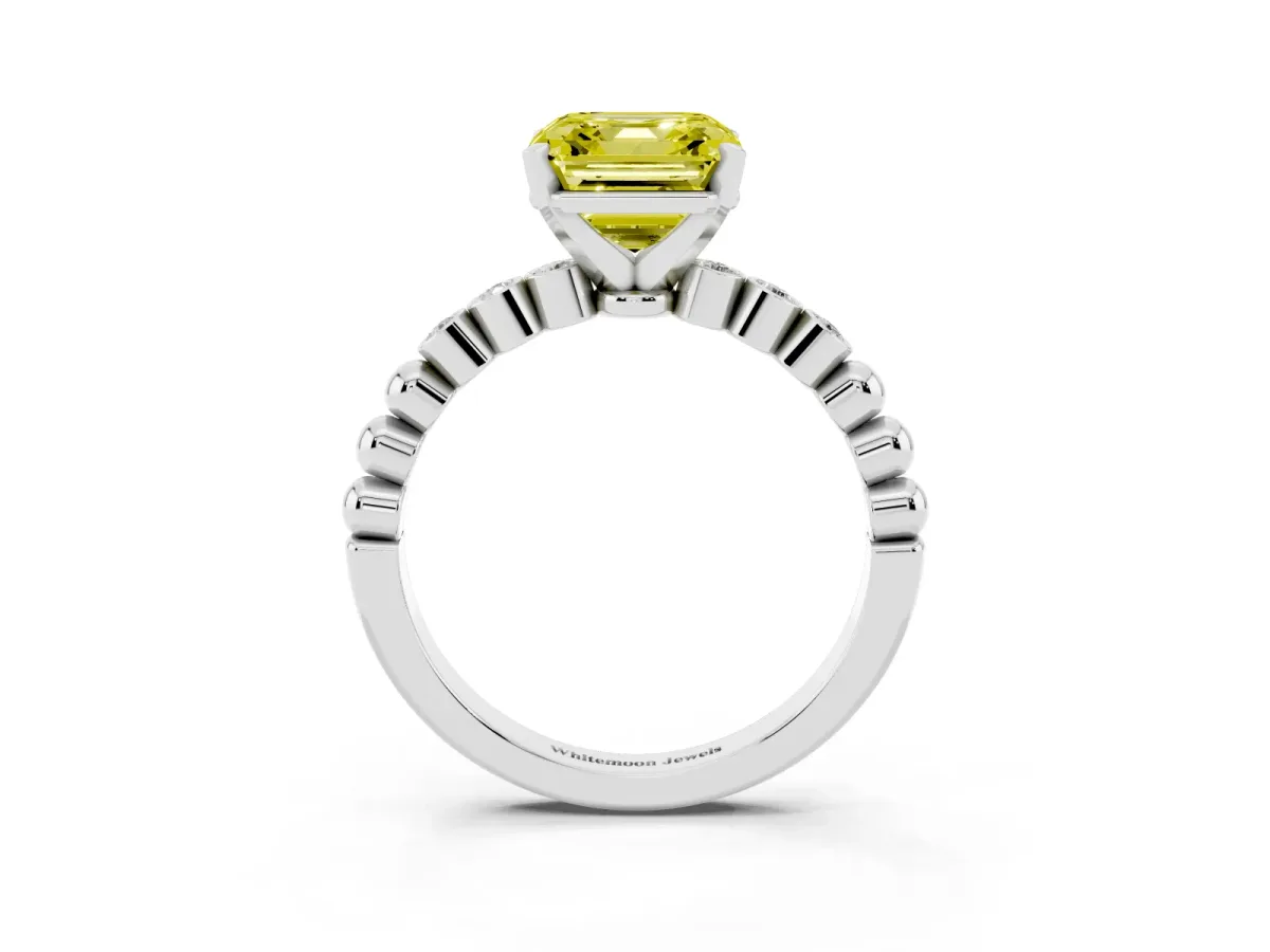 Fancy Yellow Asscher Cut Solitaire Bezel Accent Diamond Engagement Ring with Beaded Band and Four-Prong Setting White gold