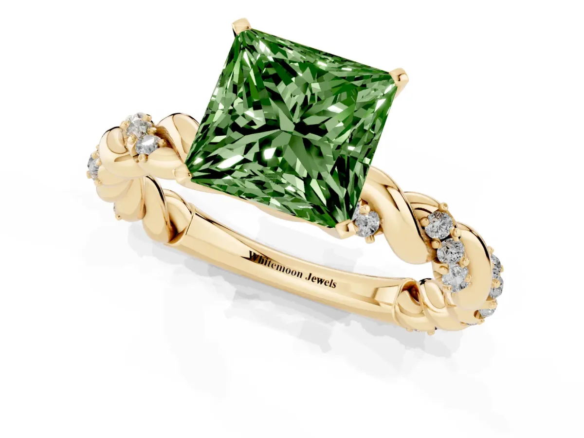 Fancy Green Princess Cut Diamond Solitaire Ring with Twisted Band and Pavé Accents Yellow gold