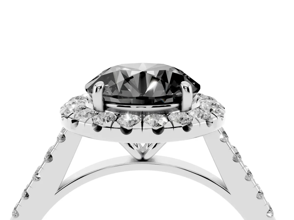Fancy Black Round Cut Halo Pave Diamond Engagement Ring with Four-Prong Setting Silver