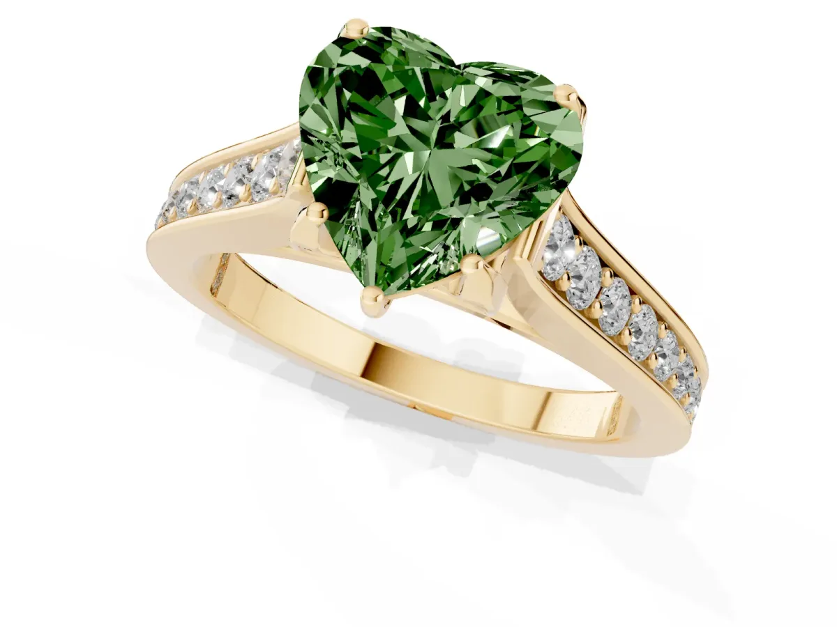 Fancy Green Heart Cut Brilliant Cut Diamond Engagement Ring with Pavé Band and Four-Prong Setting Yellow gold