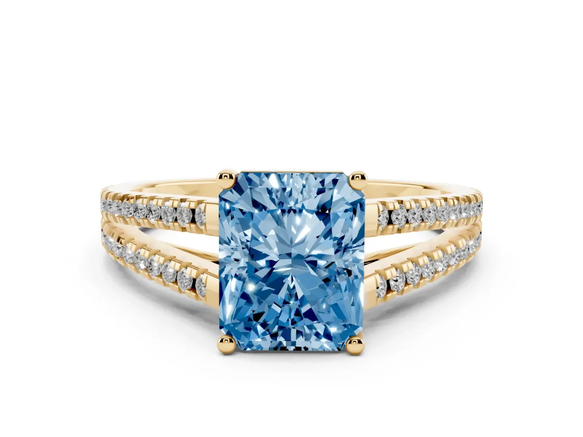 Fancy Blue Radiant Cut Diamond Solitaire Engagement Ring with Split Shank Pavé Band Yellow gold