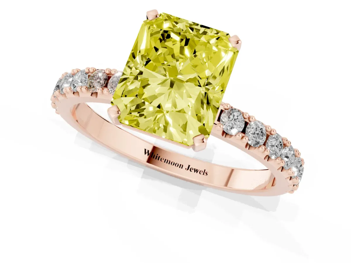 Fancy Yellow Radiant Cut Diamond Solitaire Pavé Band with Four-Prong Setting Rose gold