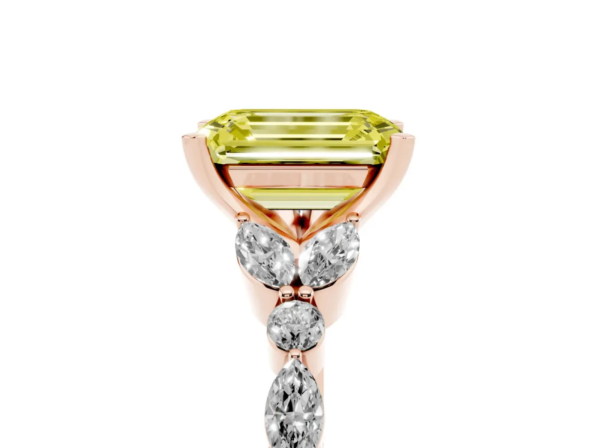 Fancy Yellow Emerald Cut Diamond Solitaire Ring with Side Stones and Four-Prong Setting Rose gold