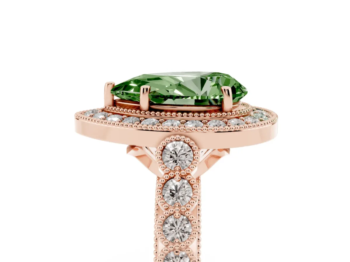 Fancy Green Pear Cut Halo Milgrain Solitaire with Bezel Set Side Stones and Pave Band Rose gold
