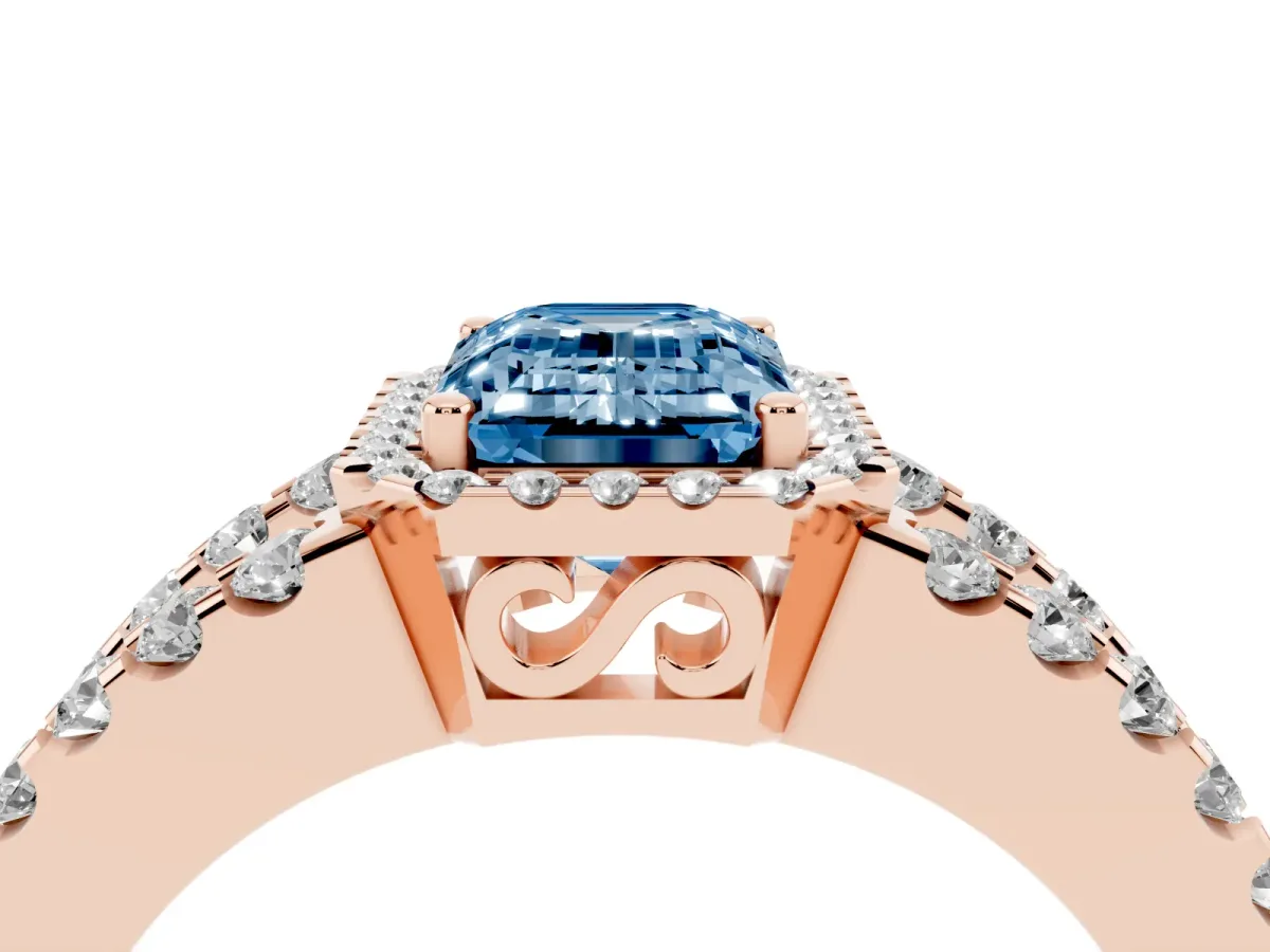 Fancy Blue Emerald Cut Cut Halo Split Shank Diamond Ring with Four-Prong Setting Rose gold