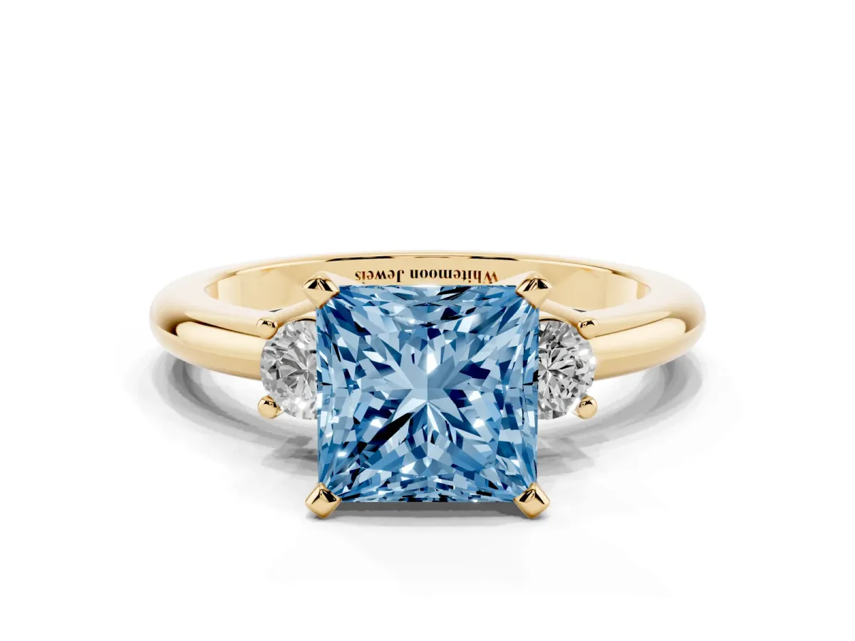 Fancy Blue Three-Stone Princess Cut Cut Diamond Solitaire with Prong Setting and Classic Band Yellow gold