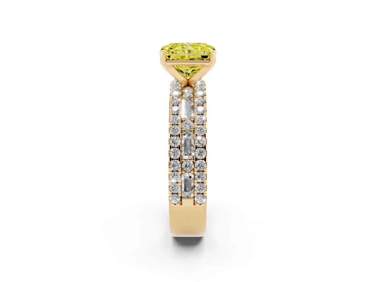 Fancy Yellow Radiant Cut Diamond Solitaire Ring with Pavé and Channel Set Band Yellow gold