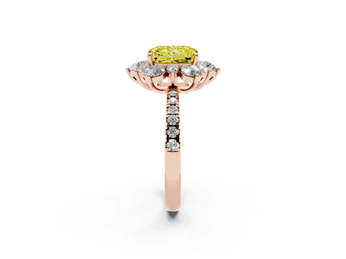 Fancy Yellow Radiant Cut Diamond Floral Halo Ring with Round Pavé Band and Prong Setting Rose gold