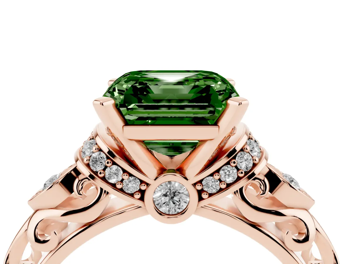 Fancy Green Asscher Cut Diamond Solitaire Ring with Filigree Band and Four-Prong Setting Rose gold