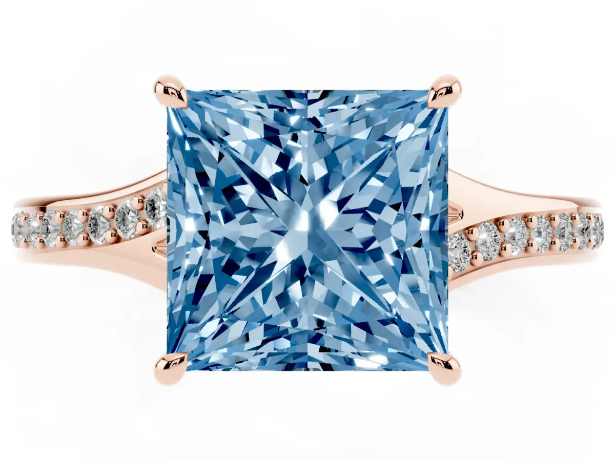 Fancy Blue Princess Cut Diamond Solitaire Ring with Pavé Band and Prong Setting Rose gold
