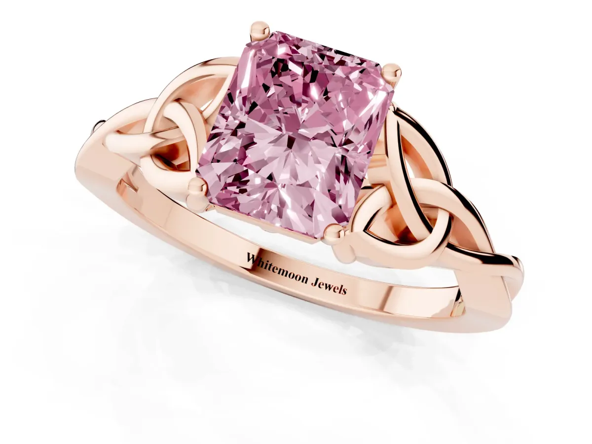Fancy Pink Radiant Cut Diamond Solitaire Engagement Ring with Celtic Knot Band and Four-Prong Setting Rose gold