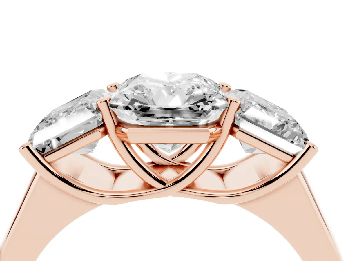 Radiant Cut Three-Stone Diamond Ring with Prong Setting on a Classic Band Rose gold