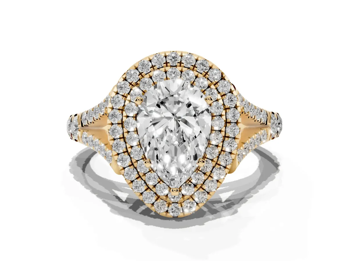 Pear Cut Diamond Pavé Split Shank Double Halo Engagement Ring Yellow gold