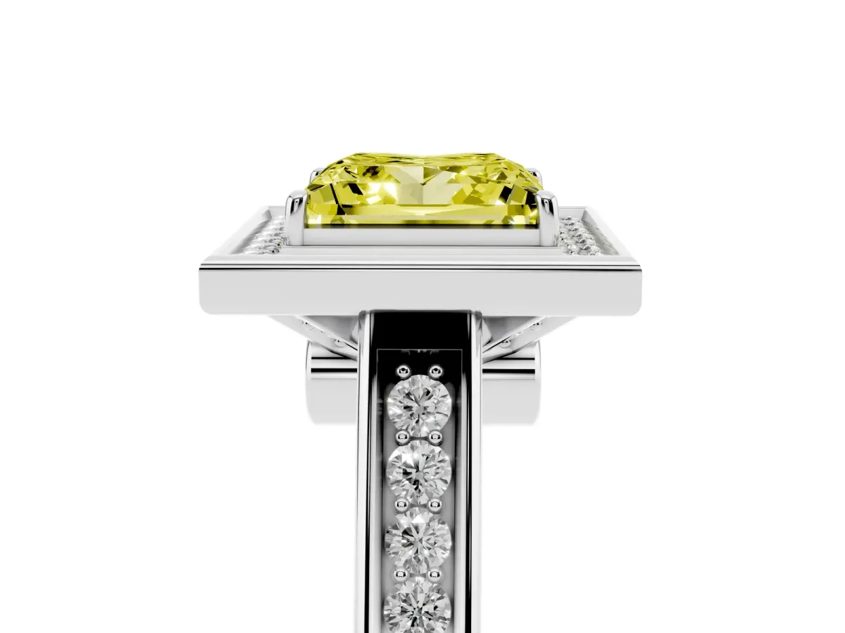 Fancy Yellow Princess Cut Halo Solitaire Diamond Ring with Pave Band and Bezel Setting Platinum