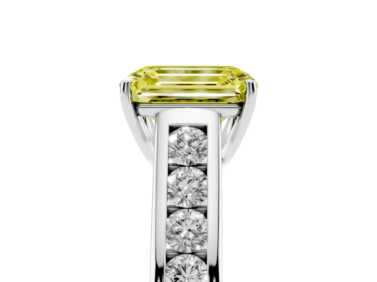 Fancy Yellow Emerald Cut Solitaire Channel-Set Diamond Engagement Ring with Four-Prong Setting Silver