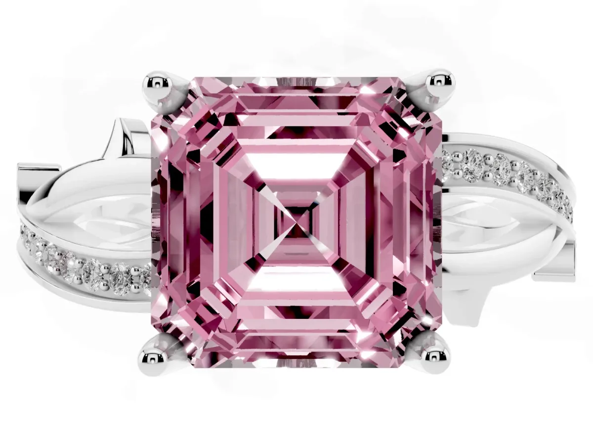 Fancy Pink Asscher Cut Solitaire Twist Band with Pavé Accents and Four-Prong Setting Platinum