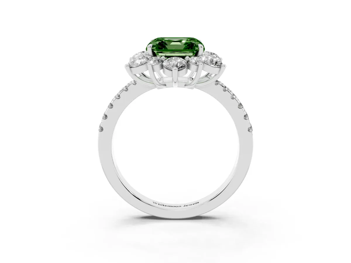 Fancy Green Asscher Cut Diamond Floral Halo Ring with Round Pavé Band and Prong Setting Platinum