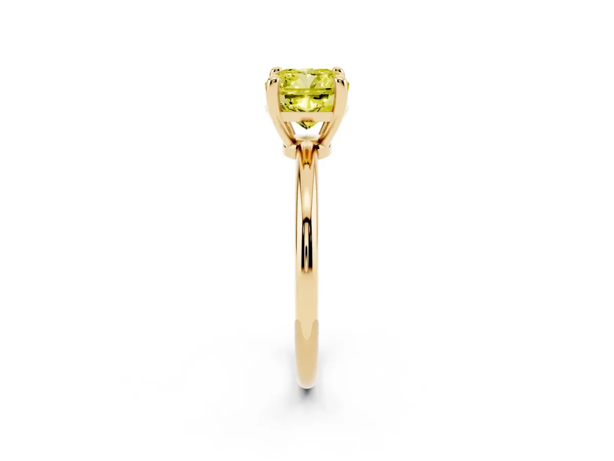 Fancy Yellow Cushion Cut Solitaire Diamond Ring with 4-Prong Setting on a Classic Band Yellow gold