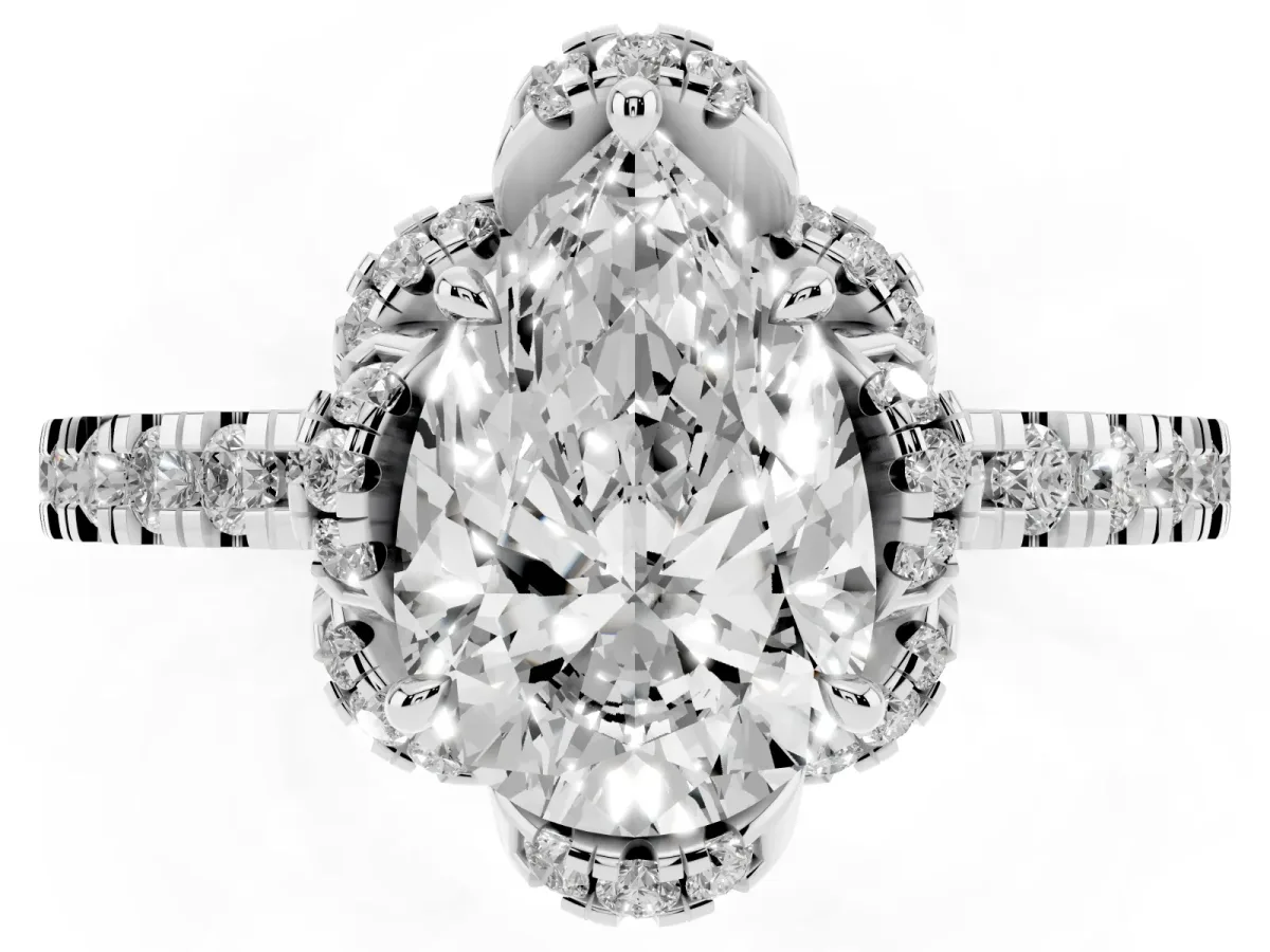 Pear Cut Halo Diamond Pave Band Ring with Four-Prong Setting Platinum