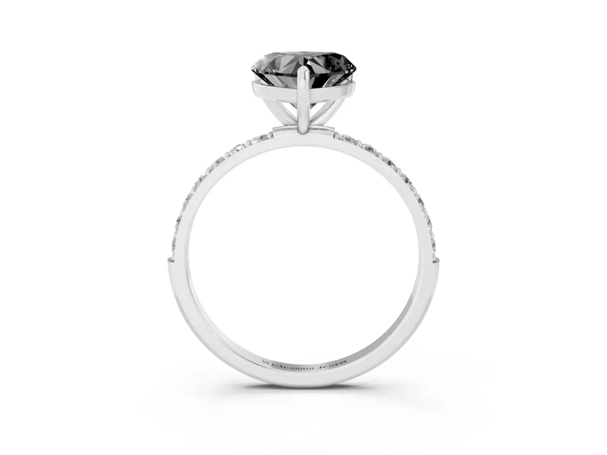 Fancy Black Heart Cut Diamond Solitaire Ring with Round Pavé Band and Prong Setting Silver