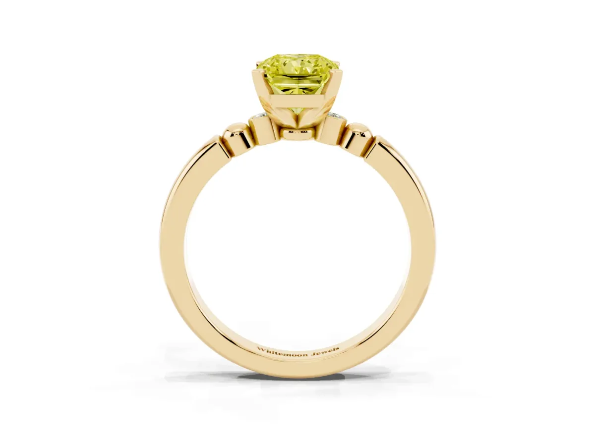 Fancy Yellow Radiant Cut Solitaire Beaded Band with Four-Prong Setting Yellow gold