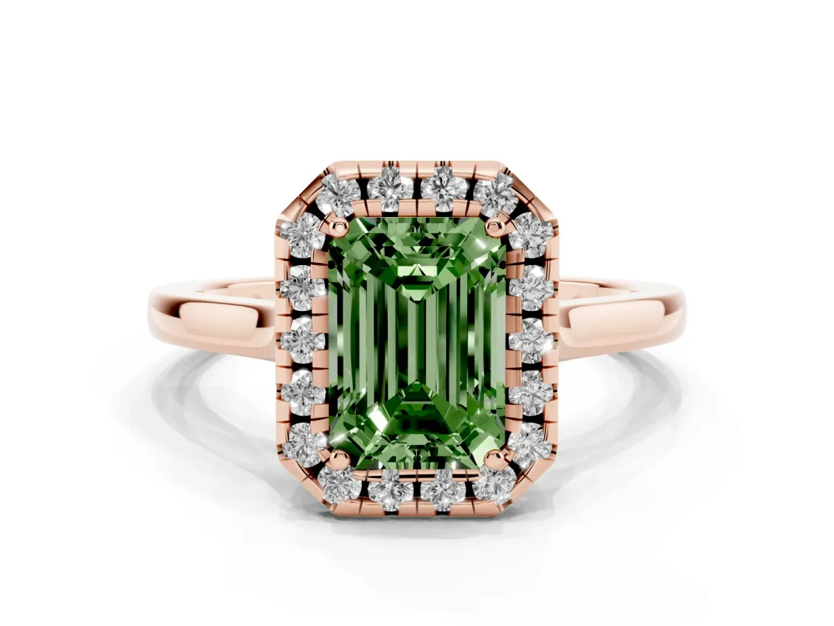 Fancy Green Emerald Cut Halo Round Diamond Solitaire Ring with Pavé Band and Four-Prong Setting Rose gold