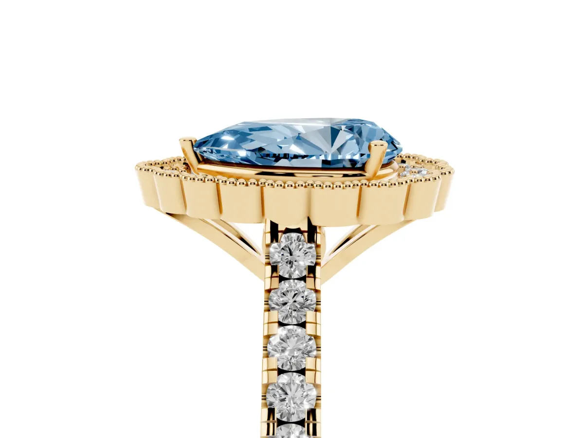 Fancy Blue Pear Cut Cut Diamond Milgrain Floral Halo Engagement Ring with Pavé Band Yellow gold
