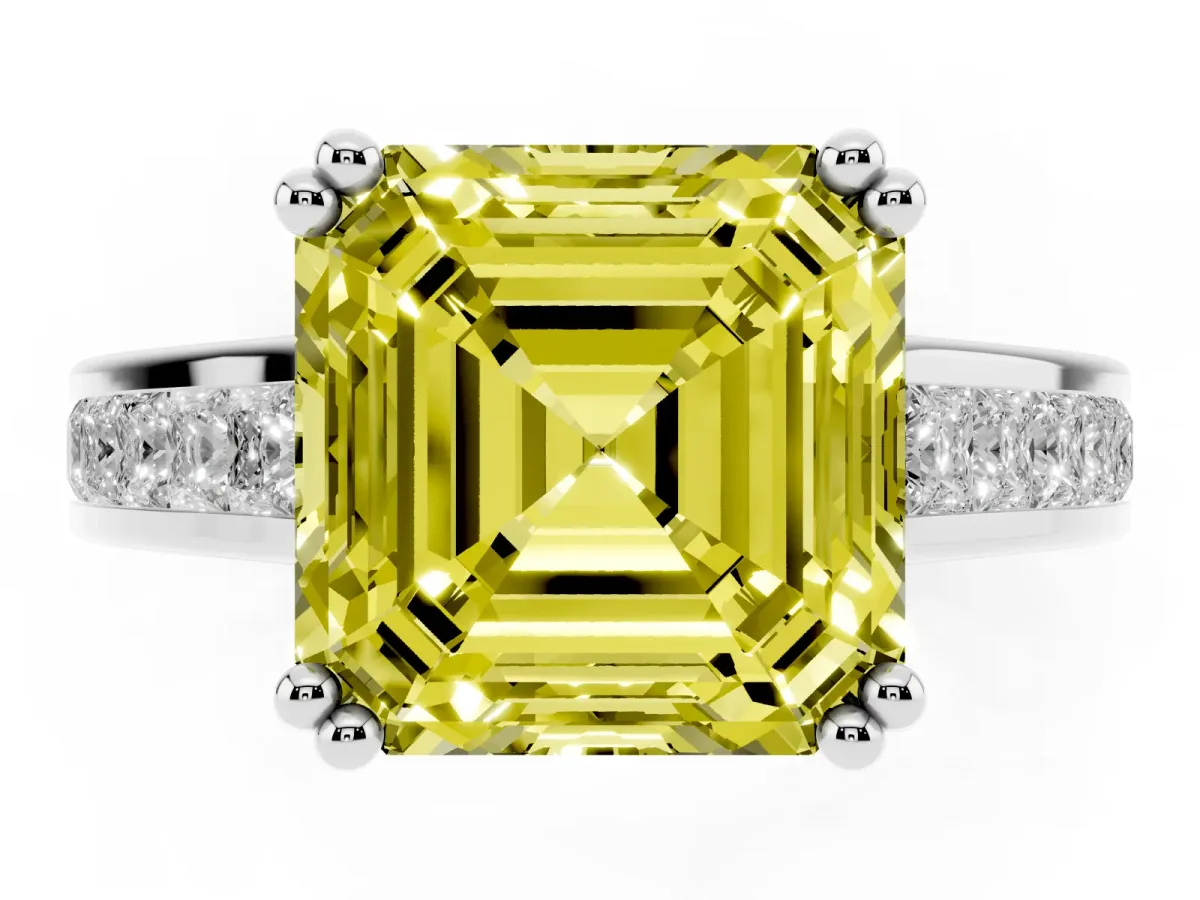 Fancy Yellow Asscher Cut Cut Channel Set Solitaire Engagement Ring with Prong Setting Silver