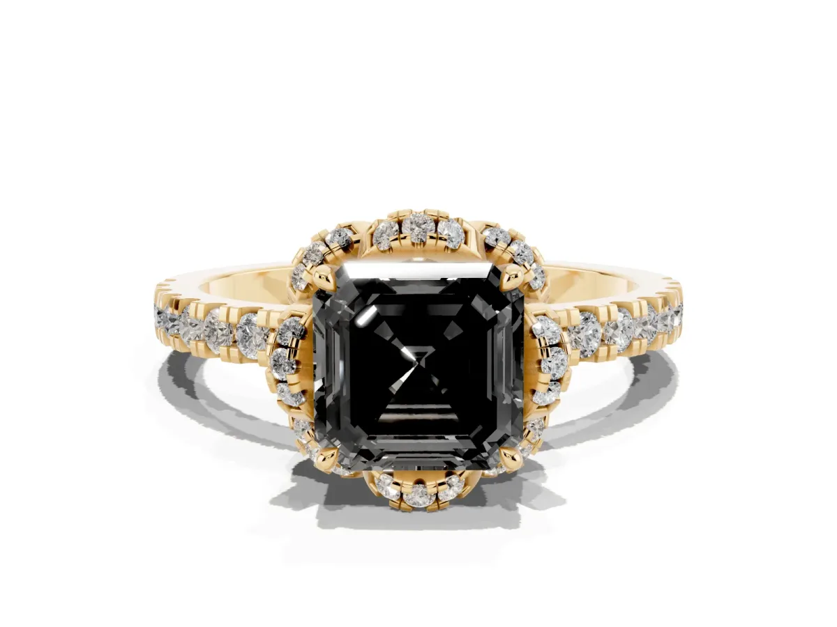 Fancy Black Asscher Cut Diamond Halo Pave Band with Four-Prong Setting Yellow gold