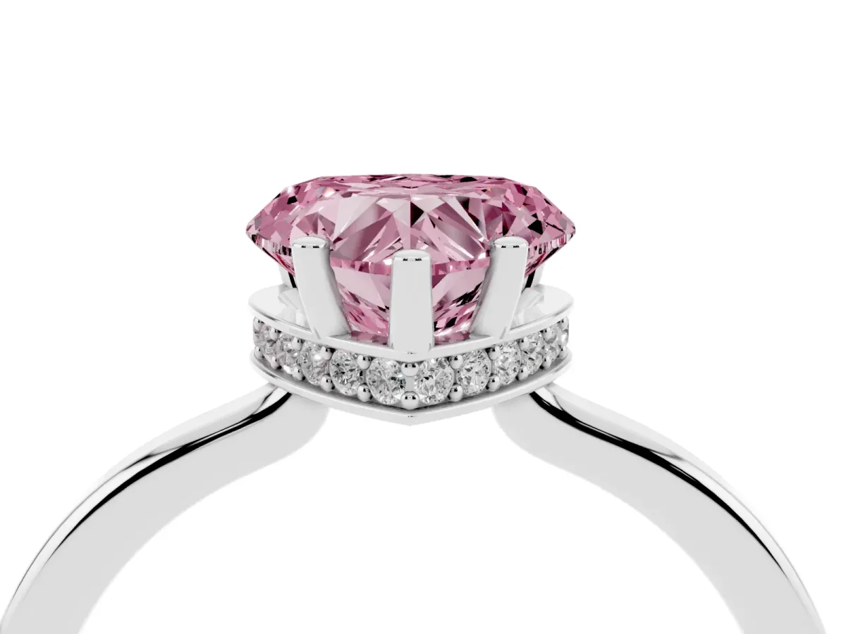 Fancy Pink Heart Cut Cut Solitaire Engagement Ring with Four-Prong Setting on a Classic Band Platinum