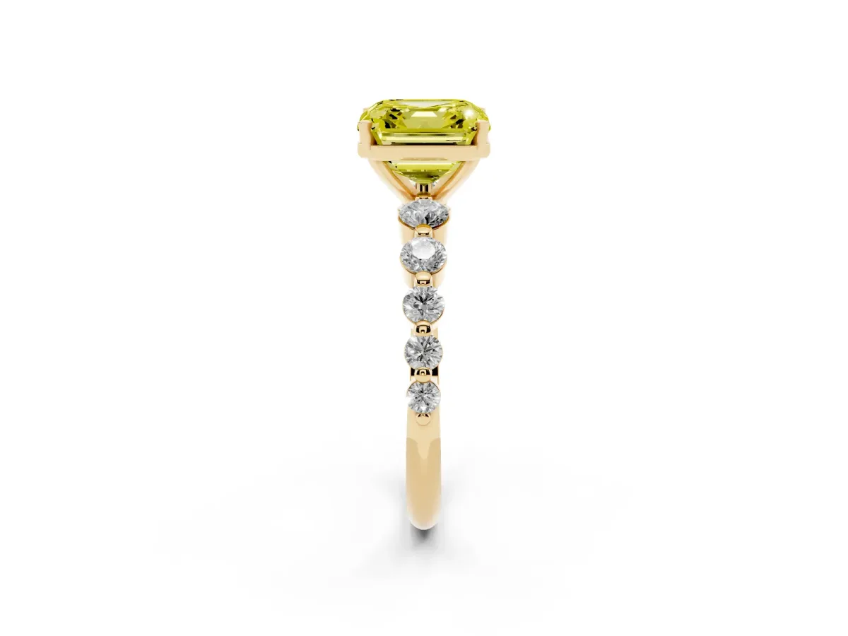 Fancy Yellow Asscher Cut Solitaire Diamond Ring with Pave Band and Four-Prong Setting Yellow gold