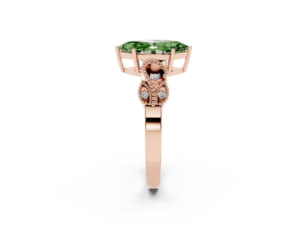 Fancy Green Marquise Cut Solitaire Milgrain Leaf Band with Prong Setting Rose gold