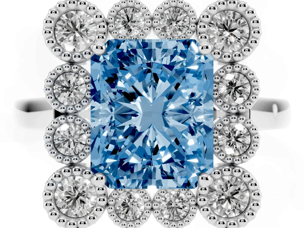 Fancy Blue Radiant Cut Halo Diamond Cluster Engagement Ring with Milgrain Bezel Setting and Solitaire Band Silver
