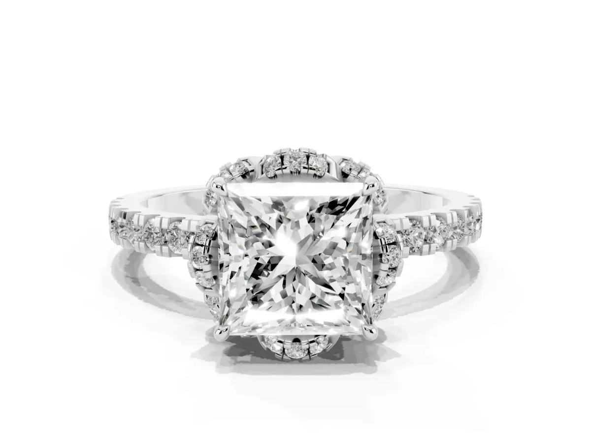 Princess Cut Halo Diamond Pave Band Ring with Four-Prong Setting Silver