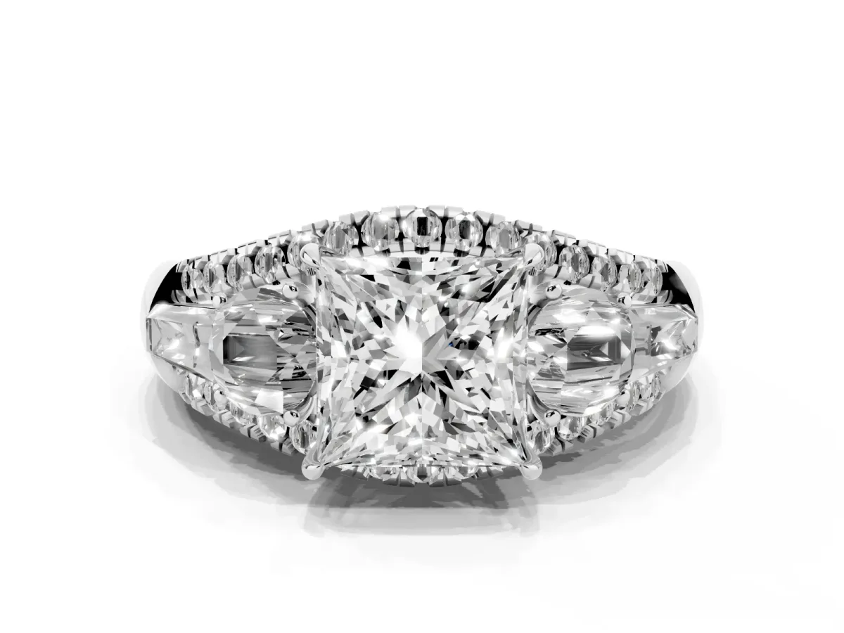 Three-Stone Princess Cut Diamond Engagement Ring with Pave Band and Prong Setting Silver
