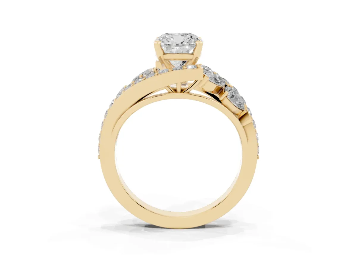 Cushion Cut Diamond Halo Ring with Marquise and Pavé Band in Prong Setting Yellow gold