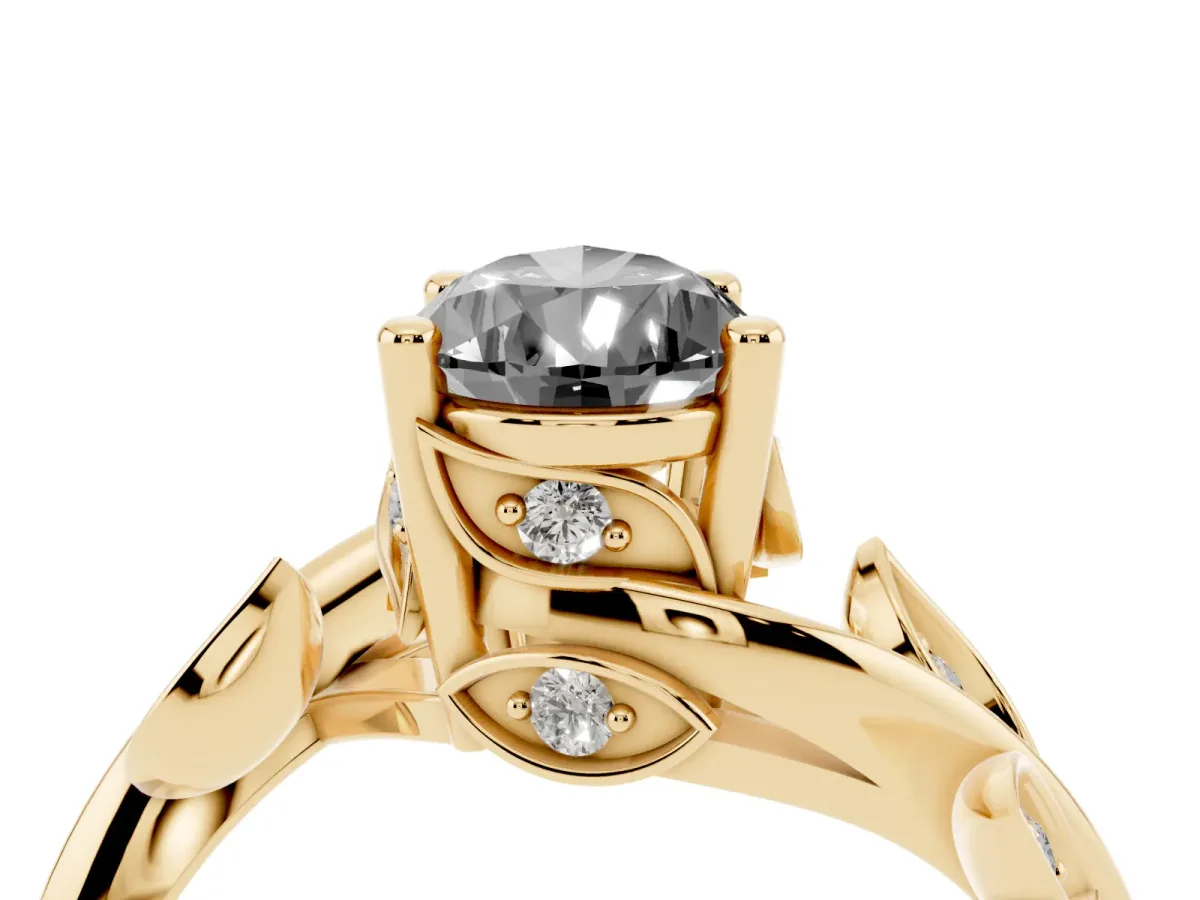 Fancy Black Pear Cut Solitaire Twist Engagement Ring with Leaf Accents and Prong Setting Yellow gold