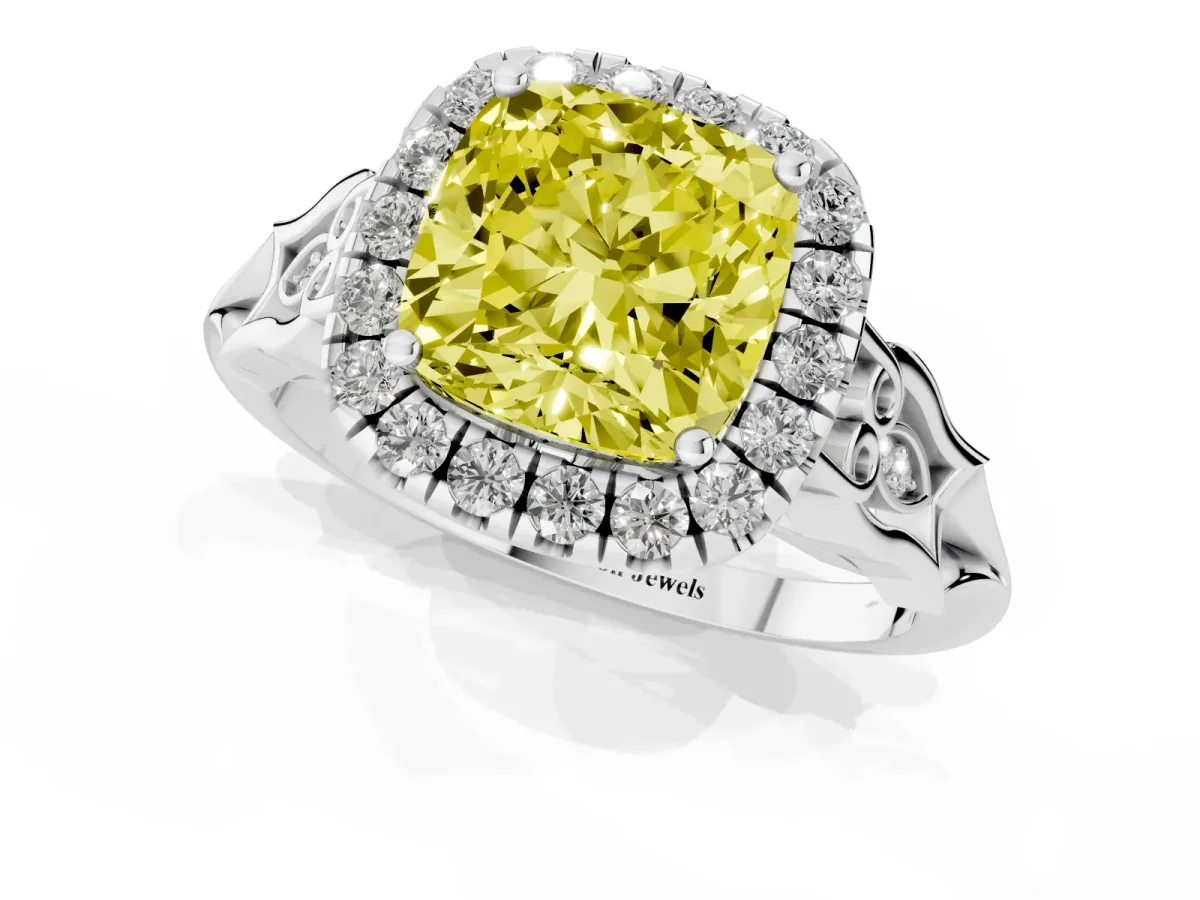 Fancy Yellow Cushion Cut Halo Diamond Engagement Ring with Filigree Band and Four-Prong Setting White gold